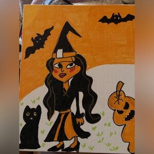 Halloween Witch Canvas Art with Black and Orange Accents